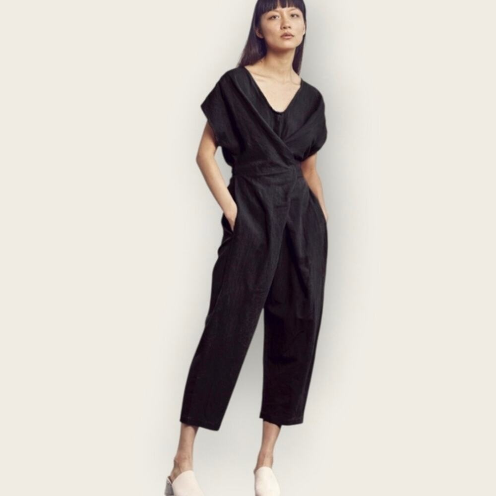 Rujuta Sheth New York - Venus Wrap Coveralls - Black Linen Jumpsuit- Size XS